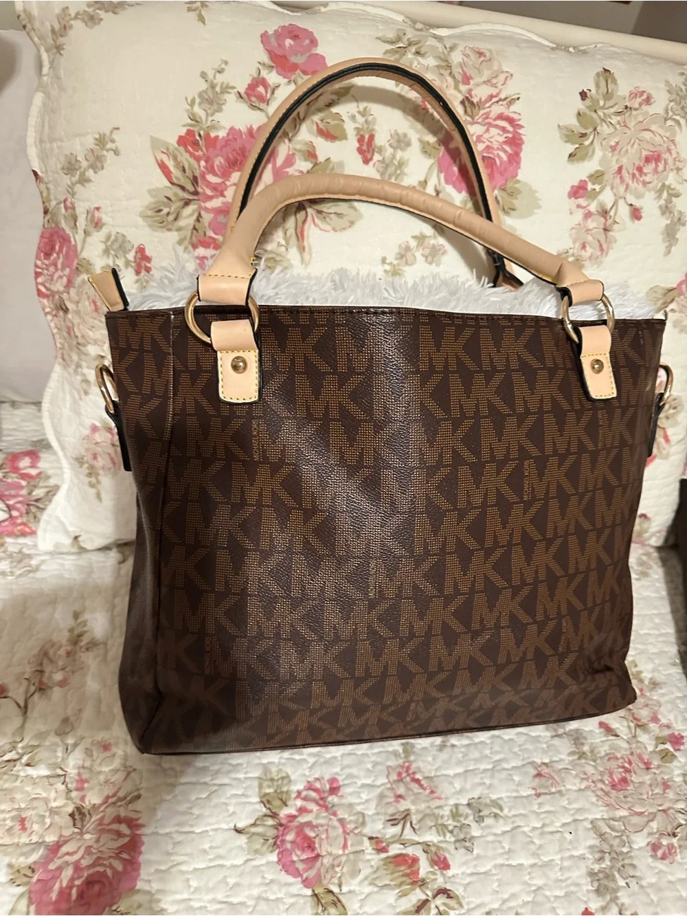 Michael Kors Brown & Tan MK Signature Tote with Tassel Charm